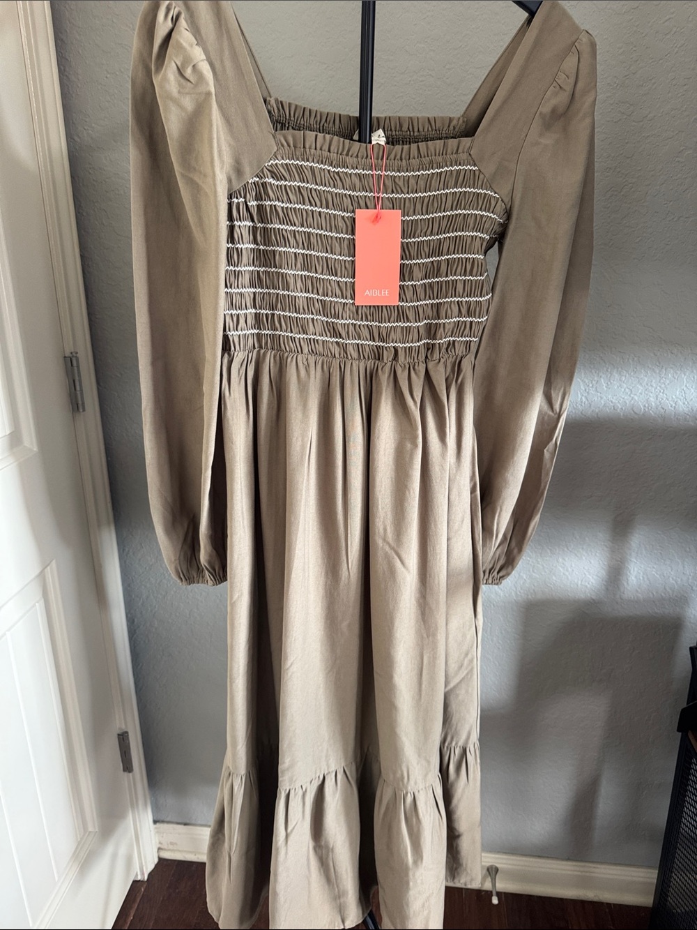 Aritzia olive Smocked Square-Neck Long Sleeve Midi Dress